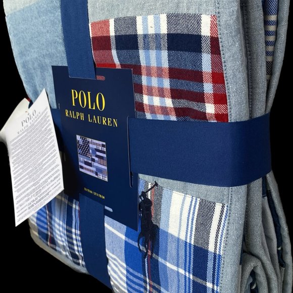 Polo Ralph Lauren Ramsey Patchwork Flag 100% Cotton Denim Blue Throw Blanket - Picture 3 of 11